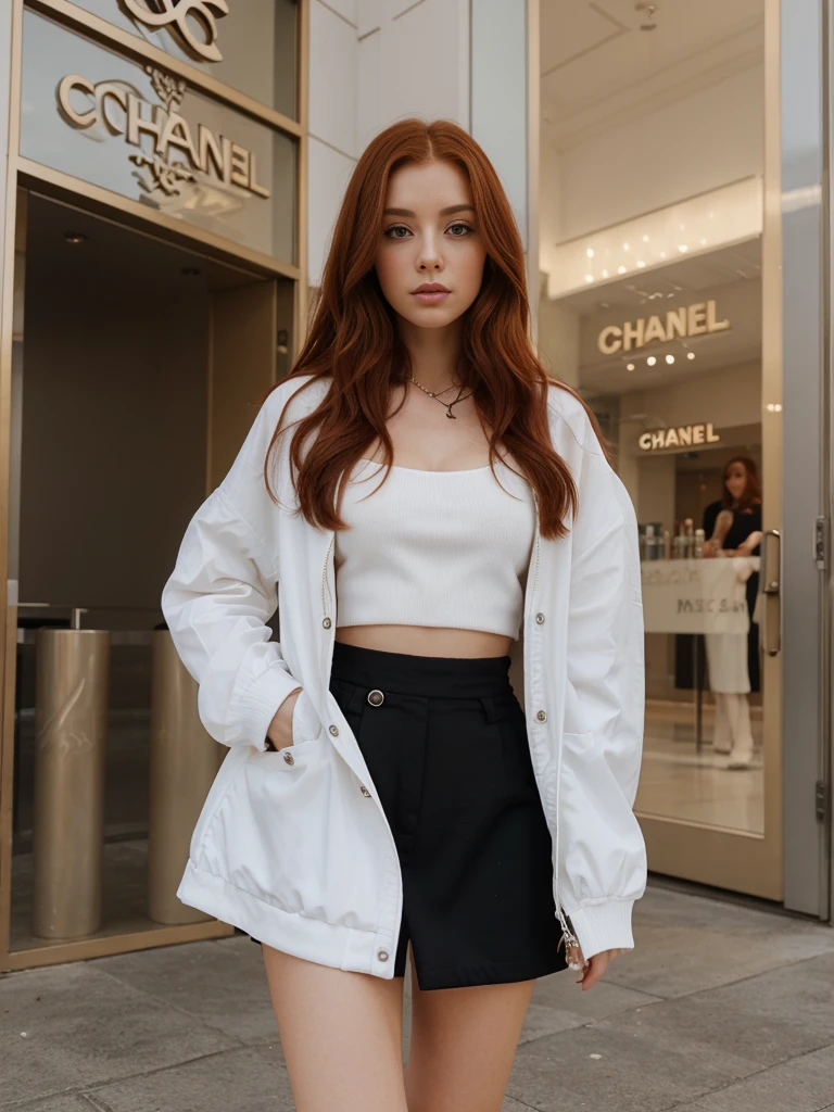 beautiful redhead, perfect face Chanel hair , crystal high heel jacket,
