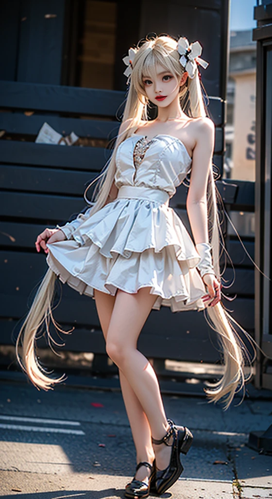 kasugano sora
long white hair
twintails
hair ribbon
hair ornament ((Bare shoulders)), ((Full breasts)), ((The skirt is short)), ((Sexy legs)), ((knee shot)), ((Standing, Elegant posture)), meishaonv, Cute Girl, Beauty, Practical, Fashion Girl, Red lips, Mature women, Exquisite makeup, big eyes, beautiful, (best quality, masterpiece:1.2), Extremely detailed, (Practical:1.37), ((Random Scenes, Random shooting angle)), ((Sexy long legs)), Young and energetic, Charming model, (Exquisite eyes, Delicate lips), Show a bright smile, Create stunning girl images, warm color, Extremely saturated colors, Official Art, Extremely detailed的 CG, Unity 8K wallpaper, (High Dynamic Range :1.4), (Movie atmosphere),(Soft colors), (Natural skin texture, ultra-Practical, Soft Light, sharp),(Very detailed), night, moonlight