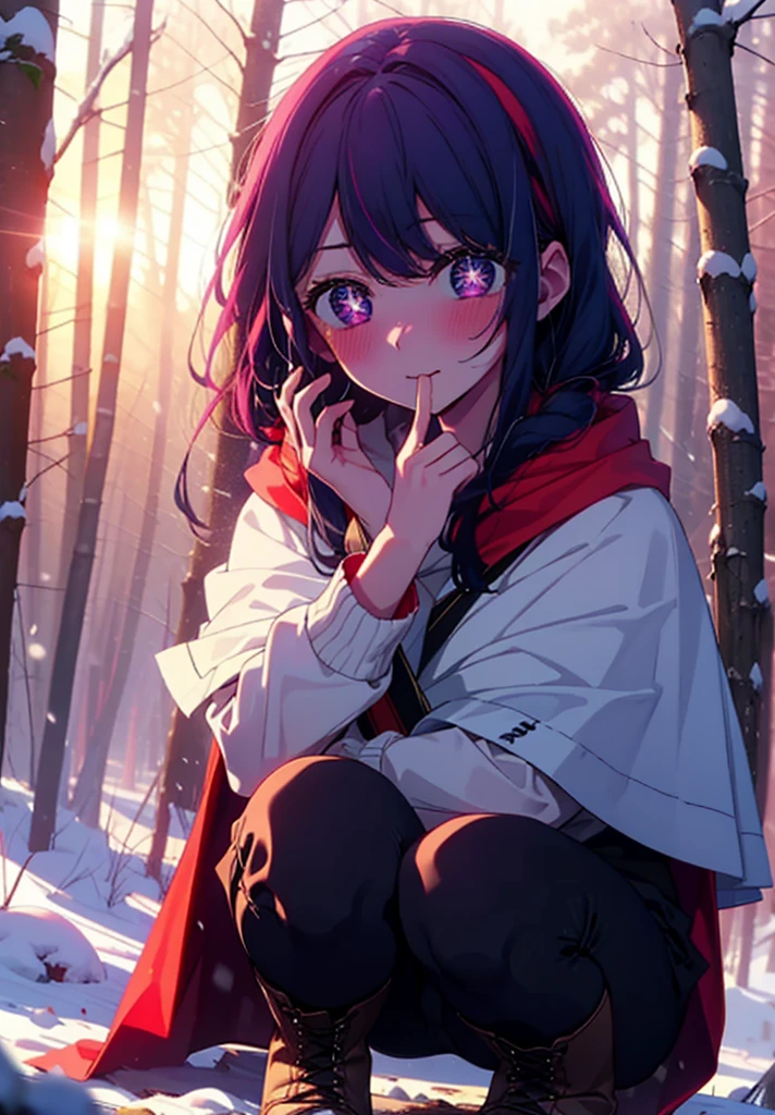 aihoshino, Ai Hoshino, Long Hair, bangs, (Purple eyes:1.1), Purple Hair, (Symbol-shaped pupil:1.5), smile,,smile,blush,White Breath,
Open your mouth,snow,Ground bonfire, Outdoor, boots, snowing, From the side, wood, suitcase, Cape, Blurred, , forest, White handbag, nature, Squat, Mouth closed, Cape, winter, Written boundary depth, Black shoes, red Cape break looking at viewer, Upper Body, whole body, break Outdoor, forest, nature, break (masterpiece:1.2), Highest quality, High resolution, unity 8k wallpaper, (shape:0.8), (Beautiful and beautiful eyes:1.6), Highly detailed face, Perfect lighting, Highly detailed CG, (Perfect hands, Perfect Anatomy),