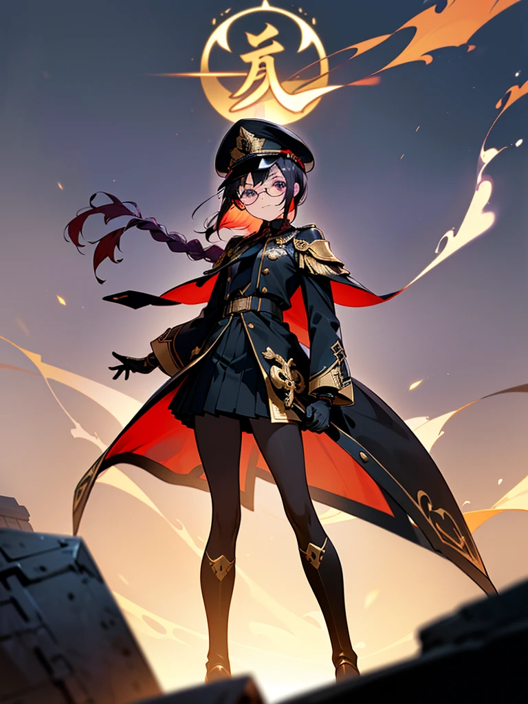 realisitic, City Deserted, Pile of rubble, Brick building, a one woman (18 years old, far away blackw hair, far away slits, Eyes red, glare eyes, 精致的面容, standing (In floor, feet shoulder-width apart), Lolita style military uniform (blackw base, Red Insert, golden decoration, volantes, wide sleeves, dainty and delicate detailing armors), blackw far away gloves (blackw, Red Insert, golden decoration, small hands, armors), blackw far away gloves, knee high boots (blackw, high-heels, red soles), ha (blackw, aba dourada, shield emblem, delicate details), arms in front, Front of belly, Holding military swords with both hands (blackw, golden decoration, delicate detail, Handle at the top, Ground-facing blade, in front of the body, far away), night sky (blackw, stele, Increased flames and smoke) Pale painting style, One Girl, super high quality, Super Detail, Super Detailed image, long hair, looking at viewer, skirt, shirt, hair ornament, violet eyes, gloves, round glasses, long sleeves, hat, closed mouth, jacket, violet hair, braid, open clothes, necktie, black gloves, black skirt, uniform, single braid, open jacket, black jacket, black headwear, 手链, peaked cap, black necktie, cropped jacket, military hat, pantyhose, Flat Chest, smile, Black Cape