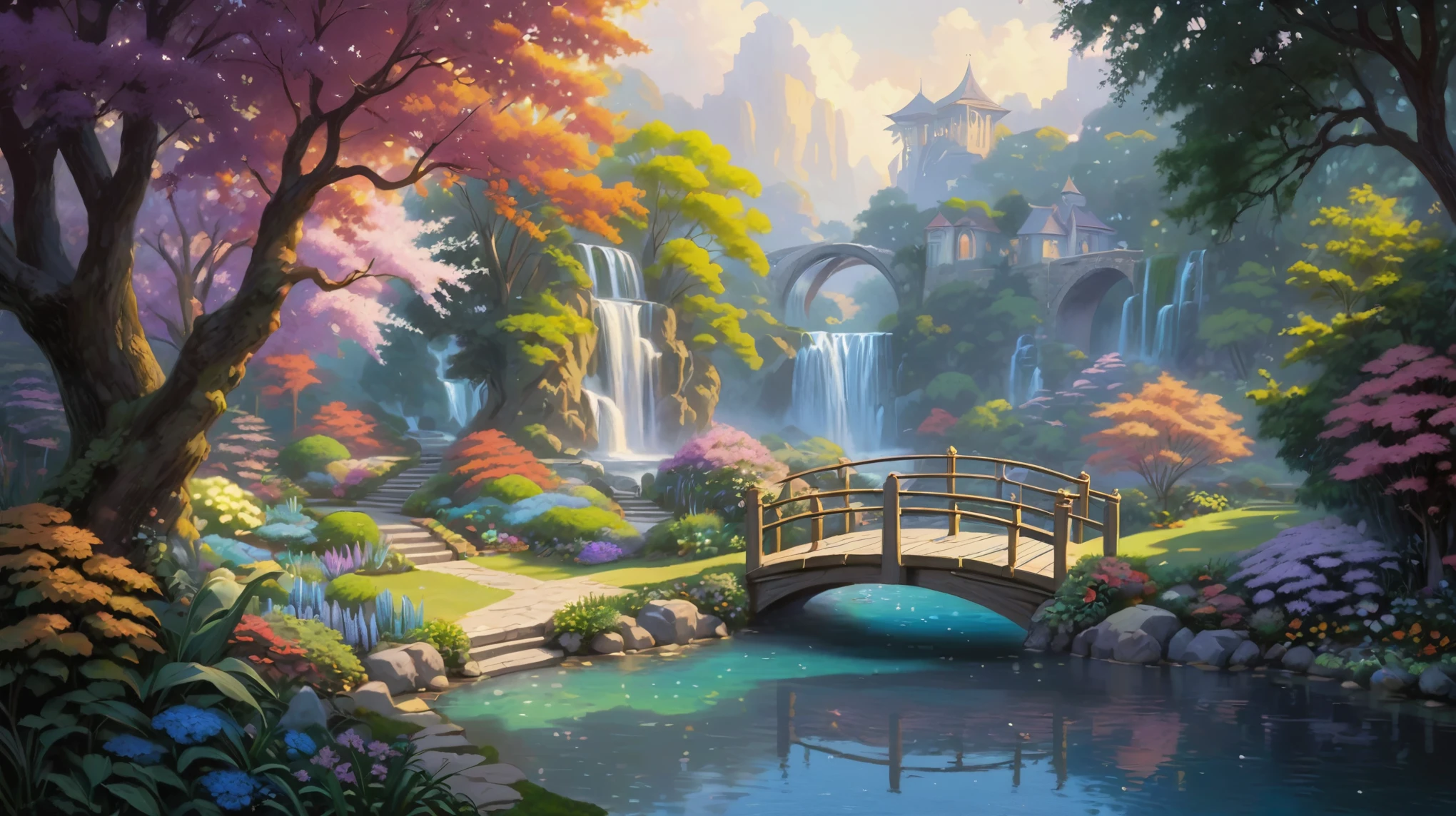 painting of a garden with a bridge and a waterfall, fantasy landscape painting, beautiful fantasy painting, dream scenery art, romantic landscape, fantasy art landscape, scenery artwork, scenery art detailed, magical landscape, beautiful oil matte painting, whimsical fantasy landscape art, thomas kinkade cfg _ scale 9, thomas kinkade style, thomas kinkade and paul lehr, thomas kindkade