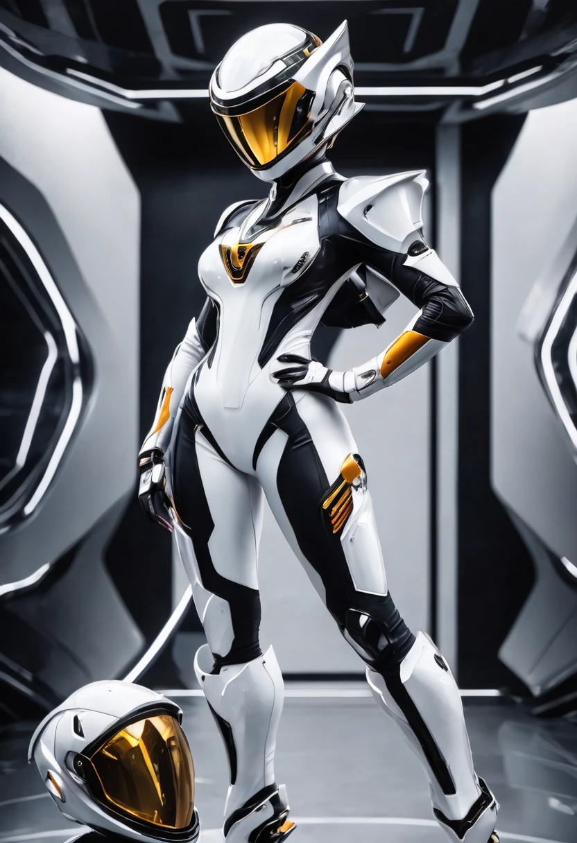 woman in a futuristic black and white space suit, holding her helmet, she has short blond pixie hair cut and amber eyes. behind the woman is a solid gray background.