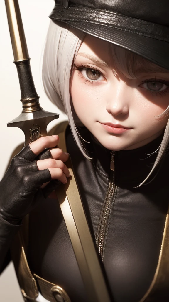 masterpiece, concept art, close up shot, Holding a beautifully decorated long sword, head to toe((must)), aschgray haired early 20's Russian girl, Wearing jet black protector, cutting edge protective gear,  , Ilya Kuvshinov's style