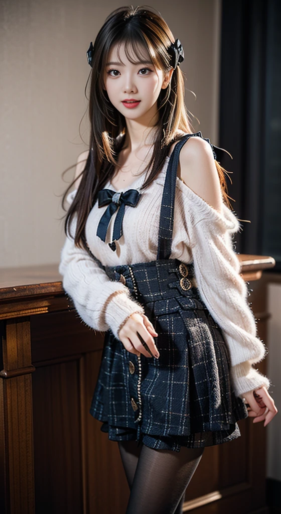 dating attire, sweater, white sweater, bow sweater, shoulder cutout, skirt, buttons skirt, suspender skirt, pantyhose, shoes, ((Bare shoulders)), ((Full breasts)), ((The skirt is short)), ((Sexy legs)), ((knee shot)), ((Standing, Elegant posture)), meishaonv, Cute Girl, Beauty, Practical, Fashion Girl, Red lips, Mature women, Exquisite makeup, big eyes, beautiful, (best quality, masterpiece:1.2), Extremely detailed, (Practical:1.37), ((Random Scenes, Random shooting angle)), ((Sexy long legs)), Young and energetic, Charming model, (Exquisite eyes, Delicate lips), Show a bright smile, Create stunning girl images, warm color, Extremely saturated colors, Official Art, Extremely detailed的 CG, Unity 8K wallpaper, (High Dynamic Range :1.4), (Movie atmosphere),(Soft colors), (Natural skin texture, ultra-Practical, Soft Light, sharp),(Very detailed), night, moonlight