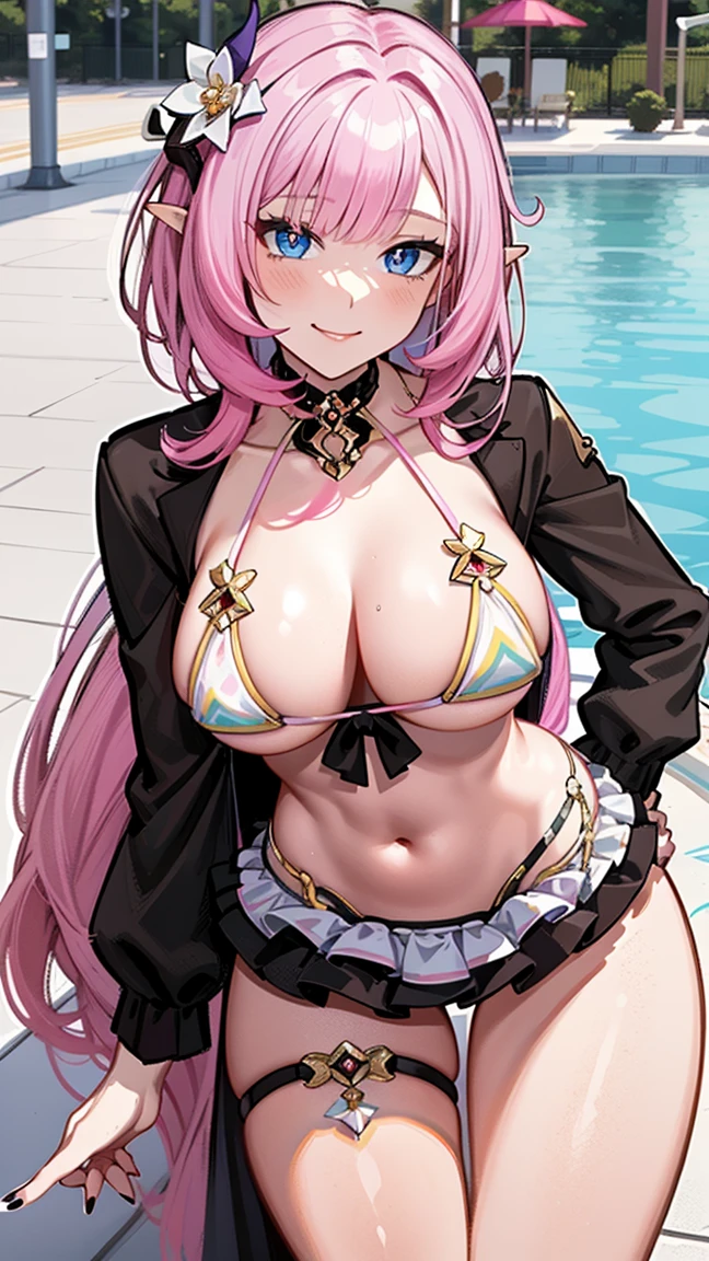 Masterpiece, Super real Detail, High Quality, 8K, top quality, one girl, alone, looking at viewer, bangs, elysia, honkai impact , pink hair, light blue eyes, long hair, manicure, hair ornament, (((pink micro bikini))), holding up hand, flower, blunt bangs, ((charming smile)), colorful, amusement park pool background, ruffles, multi colored hair, ((Above the knees image standing)), beautiful fingers and nails
