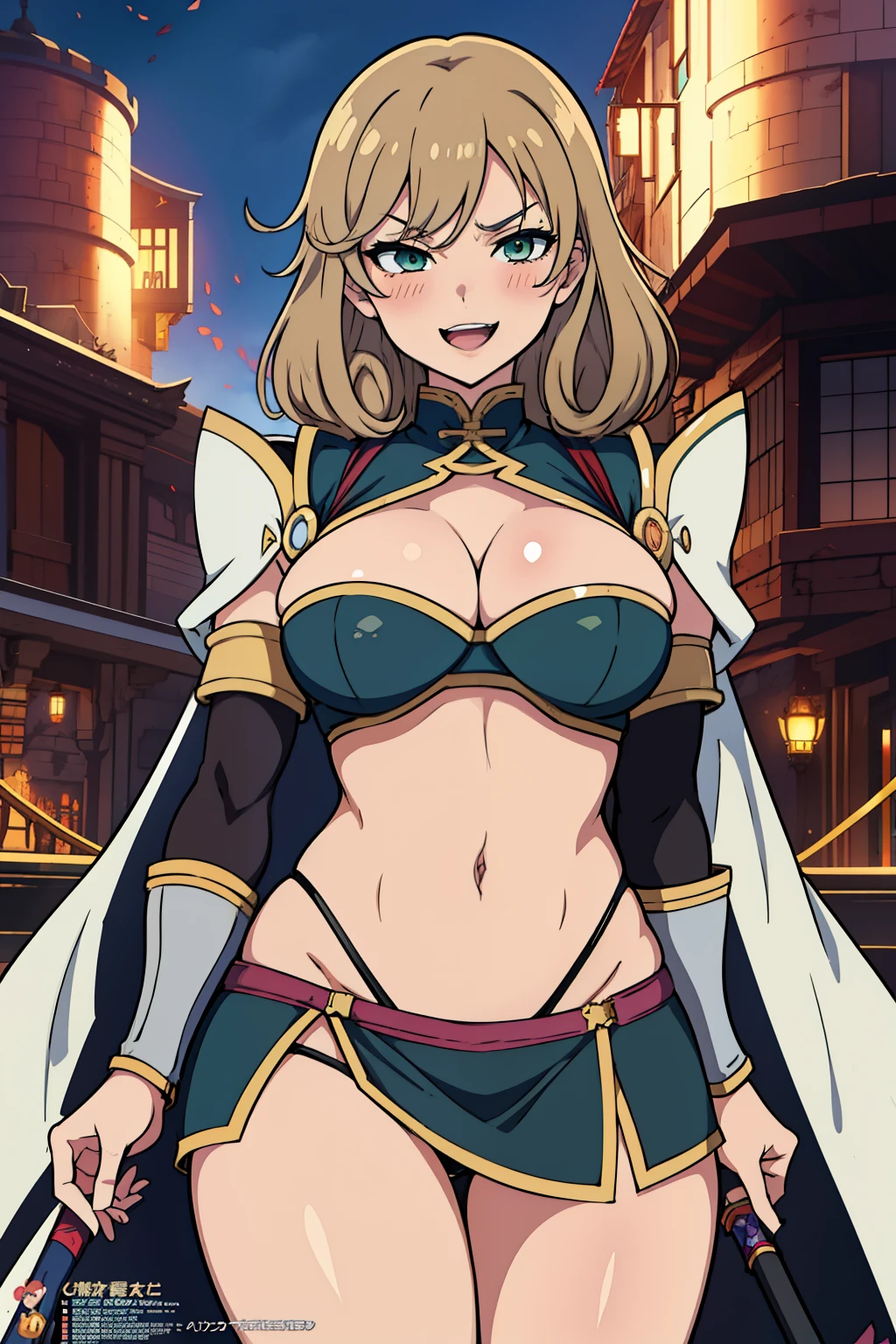 1girl, haruka_senran, solo, looking at viewer, blush, smile, long hair, light brown hair,  large breasts, green eyes, blush, lipstick, long hair, crazy eyes ,Hot girl, baddie, staring, glaring, bad attitude, mean girl, dare, angry, hate, crazy, smoking, sensual, attractive, masterpiece, best quality, highly detailed, fantasy , a anime girls in armored dress holding a sword
posing for a picture, evil smile, smile, open mouth, breastplate with open cleavage, cleavage, warrior
outfit, ecchi anime style, anime girls, ecchi style, ecchi, digital anime art!!, in
anime style, official artwork, visual novel cg, beautiful anime girl, anime style 4 k , loincloth, exposed
belly, exposed navel, exposed midriff, exposed lower belly, pencil skirt armored, castle,inside castle