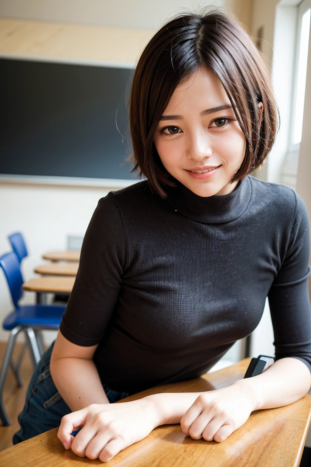 Realistic,Top quality, 1 beautiful woman, super short Hair, shy-smile, at classroom, school girl, student