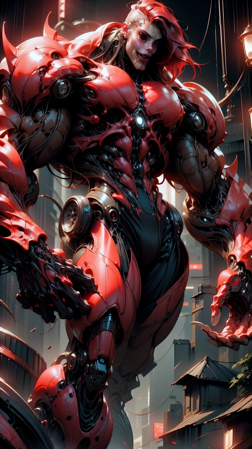 (beautiful girl:1.25), (megan fox:1.25), (young bodybuilder girl wearing cybernetic muscle suit:1.25), carnage muscular physique, seductive face, mouth wide open carnage style, long red hair, perfect muscular body, super skinny legs, sissy, femboy, (carnage style physique)