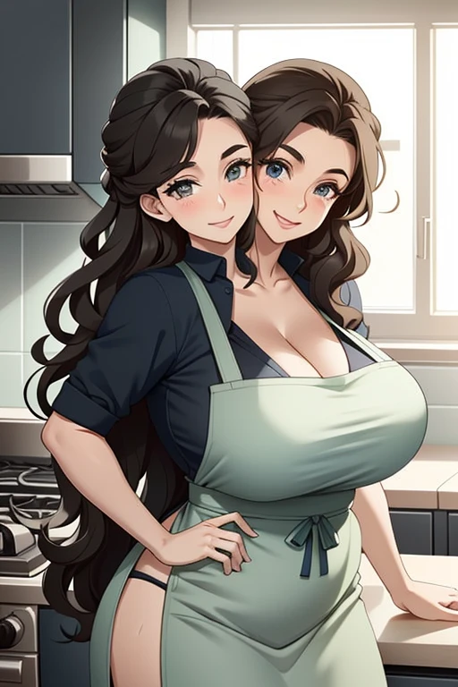 2heads, a tall fat woman with 2 heads. She is in a kitchen, standing behind a countertop She is wearing an apron. Cleavage. She is wearing a bandana to push her hair back. She has long curly brown hair. She is very tall and mature. She is baking a pastry. Her apron is dirty. She is happy and smiling. She is messy from baking. Motherly, milf.