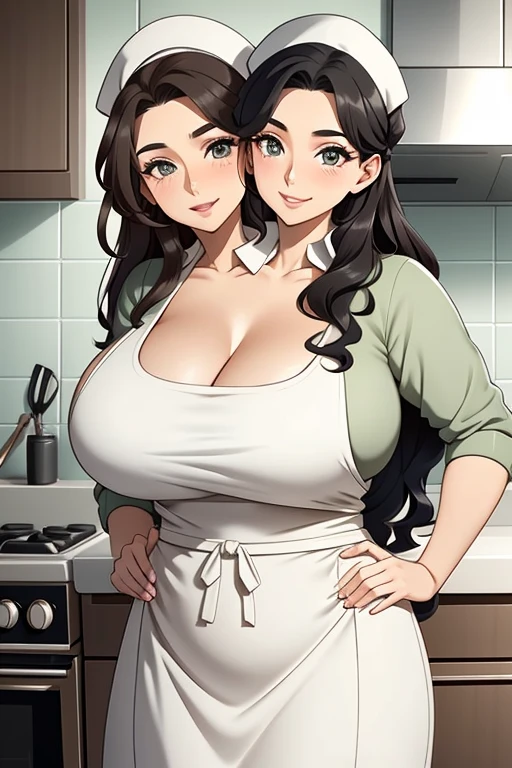 2heads, a tall fat woman with 2 heads. She is in a kitchen, standing behind a countertop  She is wearing an apron. Cleavage. She is wearing a bandana to push her hair back. She has long curly brown hair. She is very tall and mature. She is baking a pastry. Her apron is dirty. She is happy and smiling. She is messy from baking. Motherly, milf.