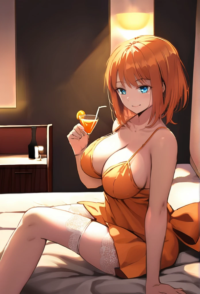 Honoka Kosaka　Orange Hair　Blue eyes　short hair　Half Twin Tail　One-sided ponytail　Orange nightgown　White garter belt　smile　Larger breasts　night　Love Hotel　Seduce　Sit on the bed　night景　Dark Room　Room lighting　Holding an orange cocktail