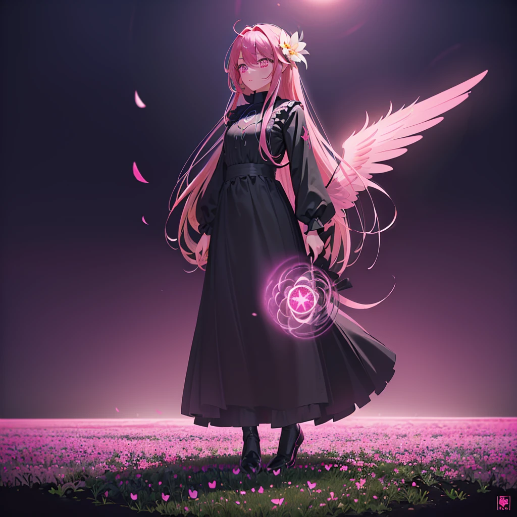 ((((Standing in a flower field)))) (((Long Hair Pink Eyes Pink Hair Black Dress Archangel))) ((night 満moon Western style Shining Aura Face is close Standing in a flower field Close-up)) Broken glass Big ribbon moon star Catch the wind