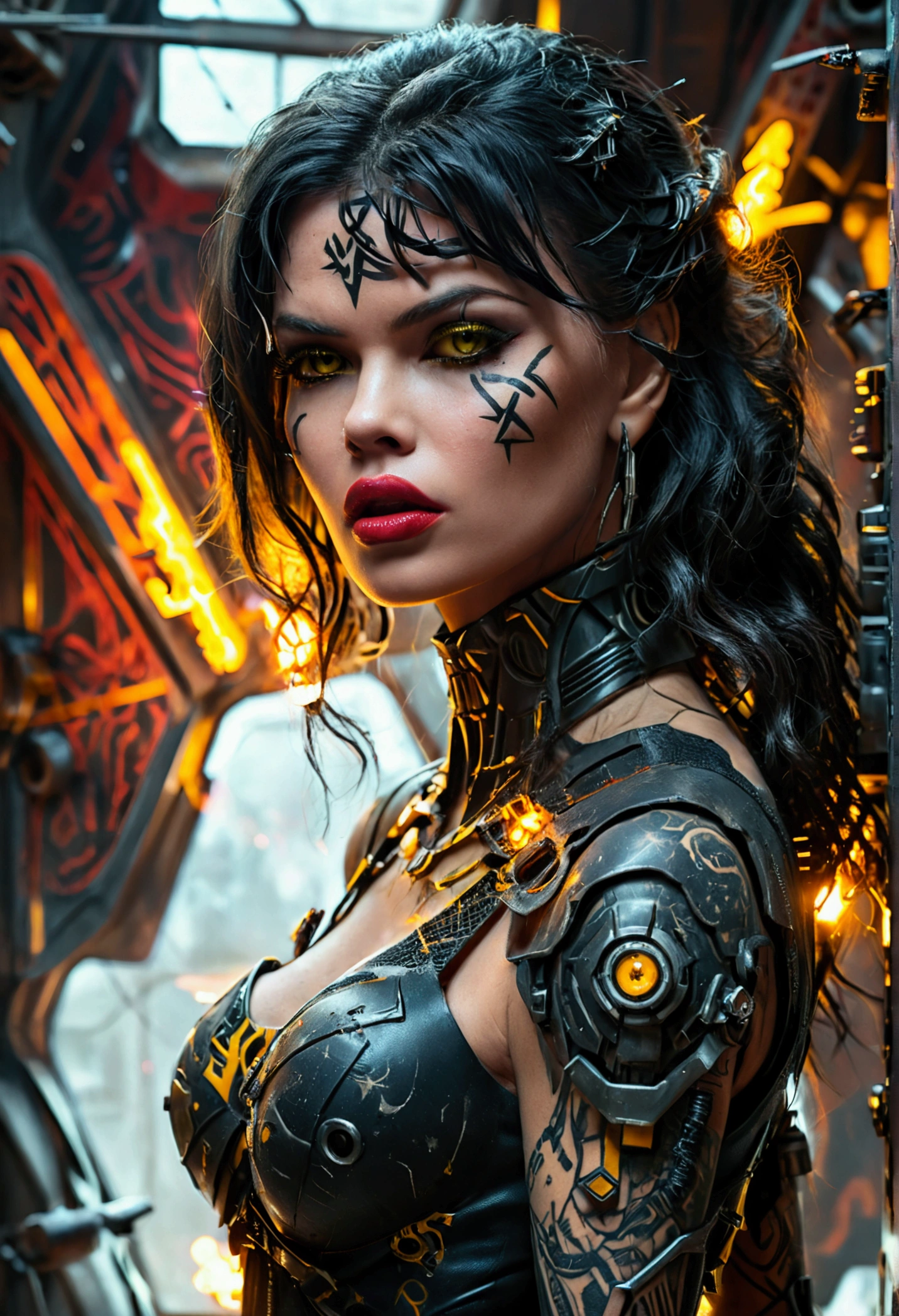 (Jayne Mansfield, age 25, dark sith warrior, evil tattoos, yellow eyes, cybernetics, evil pose), inside a scifi building battle damage on walls, broken robots, show all of her, show her from head to toe, full body portrait, (best quality,4k,8k,highres,masterpiece:1.2),ultra-detailed,(realistic,photorealistic,photo-realistic:1.37),cinematic lighting,dramatic lighting,chiaroscuro,dark moody atmosphere,sinister,menacing,evil,powerful,imposing,dramatic,epic
