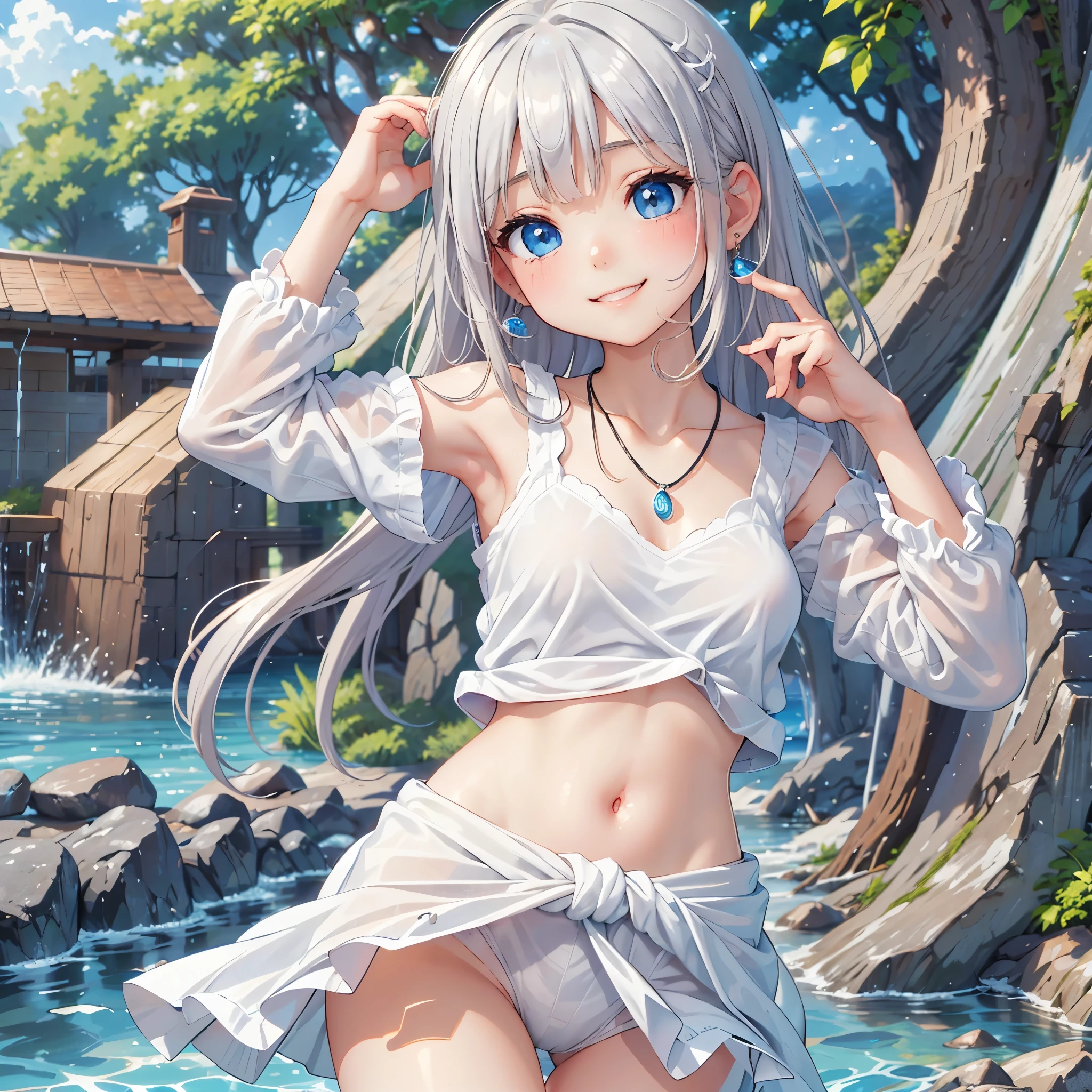thin and soft hair、Energetic movement、Earrings、necklace、Beautiful glowing white skin,、 bright, Refreshing and gentle look, Perfect beautiful pretty face, Shiny platinum blonde straight long hair reaching down to her waist, Beautiful shiny bangs, ((Very beautiful and beautiful4Year old girl)), eyeliner, so perfect and beautiful, Big clear sky blue eyes, bright eye highlights, Baby Face、Cute smile、Long eyelashes、Cute figure、Looking down on a young girl from above、photograph、high quality、24k、16k、quality、Shorts, I can see a big waterfall、((NSFW1.5))、