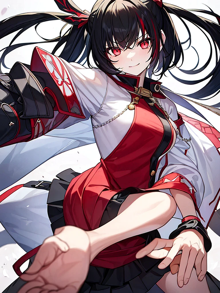 A beautiful ****************, her face is white with a deadly smile, her eyes are red, she wears a , a red shirt with a black jacket and a black skirt, she has a summon seal, her hair is black with a white streak 