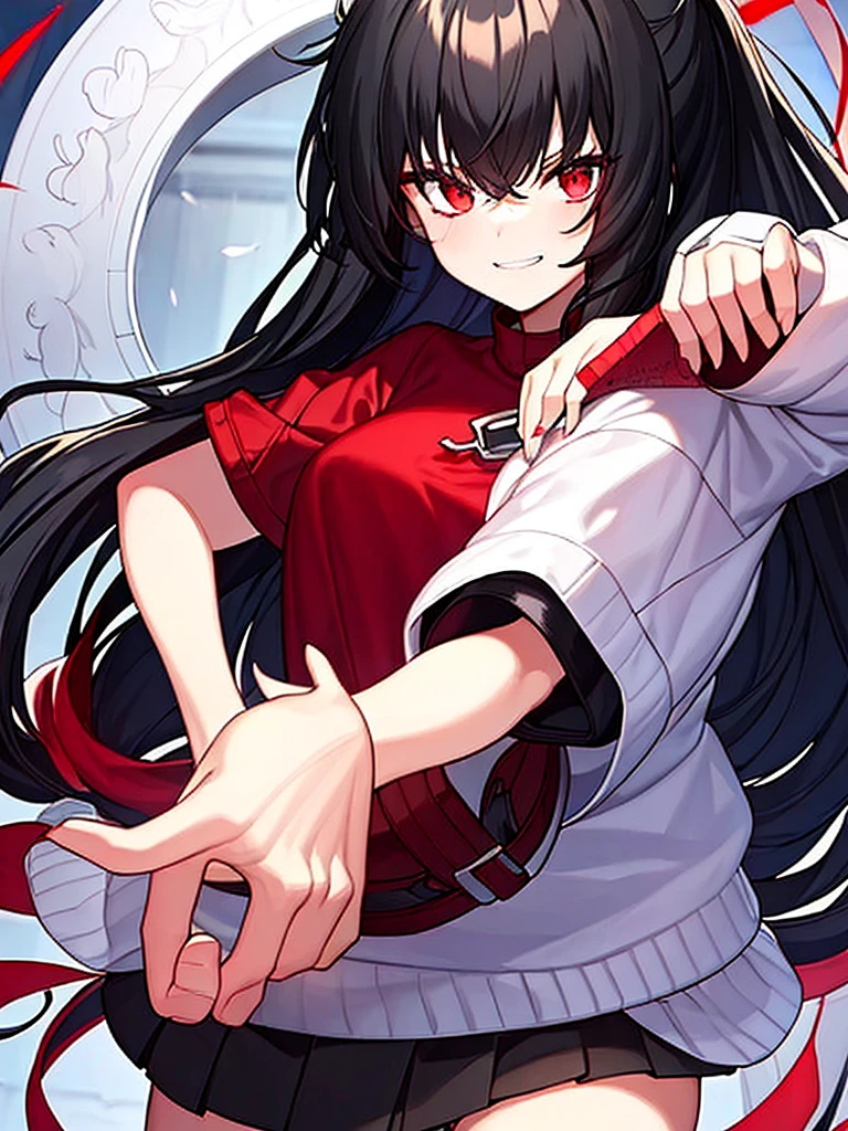 A beautiful ****************, her face is white with a deadly smile, her eyes are red, she wears a , a red shirt with a black jacket and a black skirt, she has a summon seal, her hair is black with a white streak 