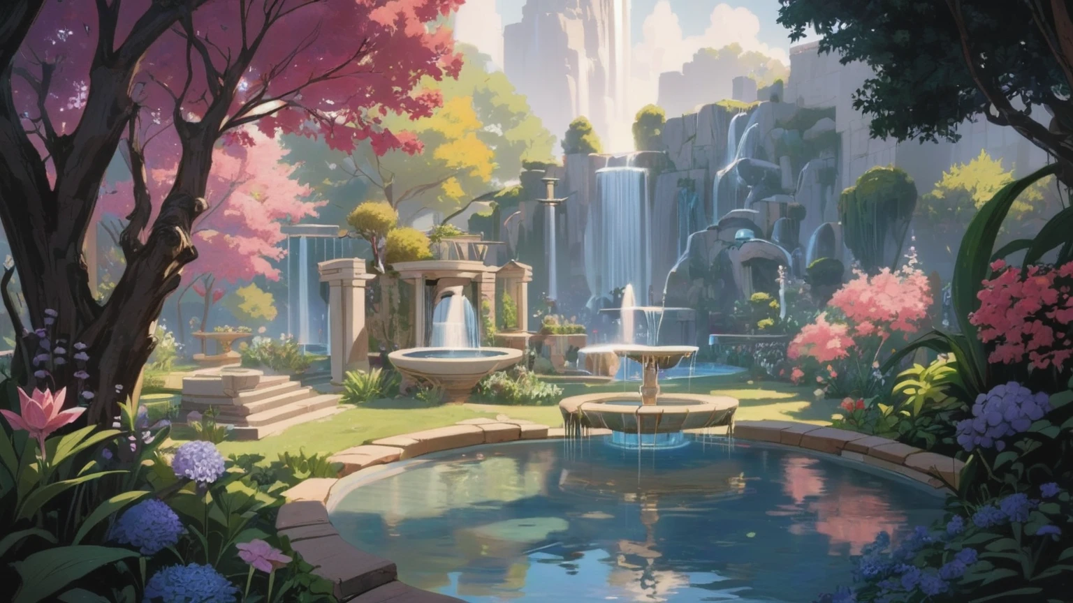 Mystoicla garden with magic with a fountain and a waterfall