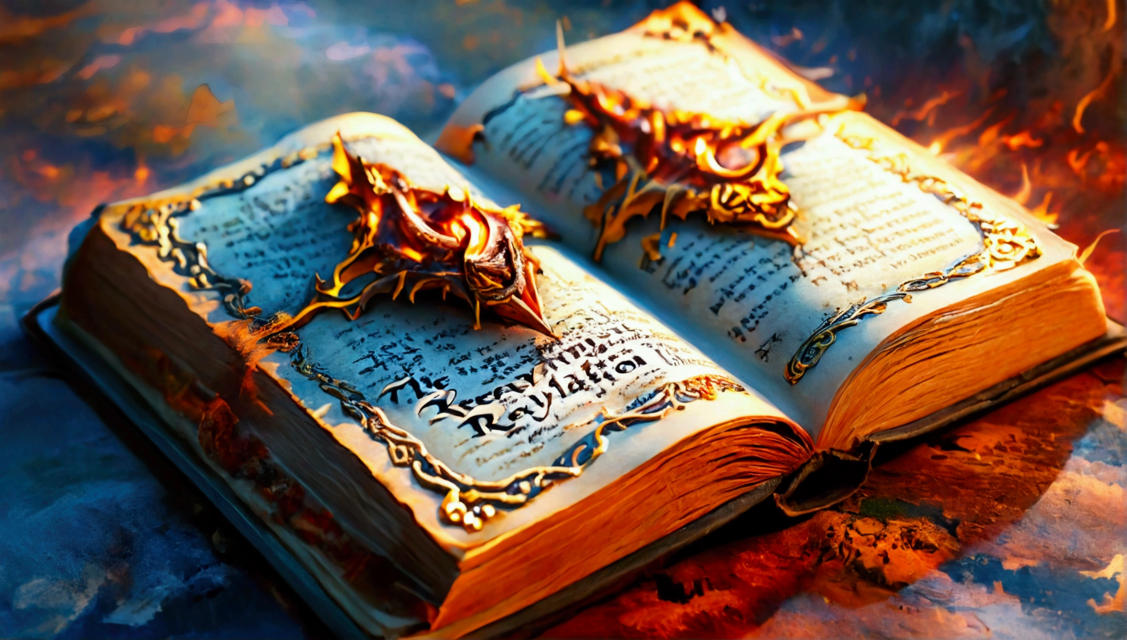 The book of revelation being half way opened and written over it as a title "The conclusion and the beginning of the book of Revelation"