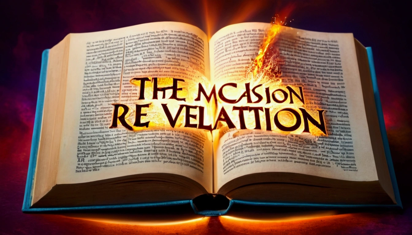 The book of revelation being half way opened and written over it as a title "The conclusion and the beginning of the book of Revelation"