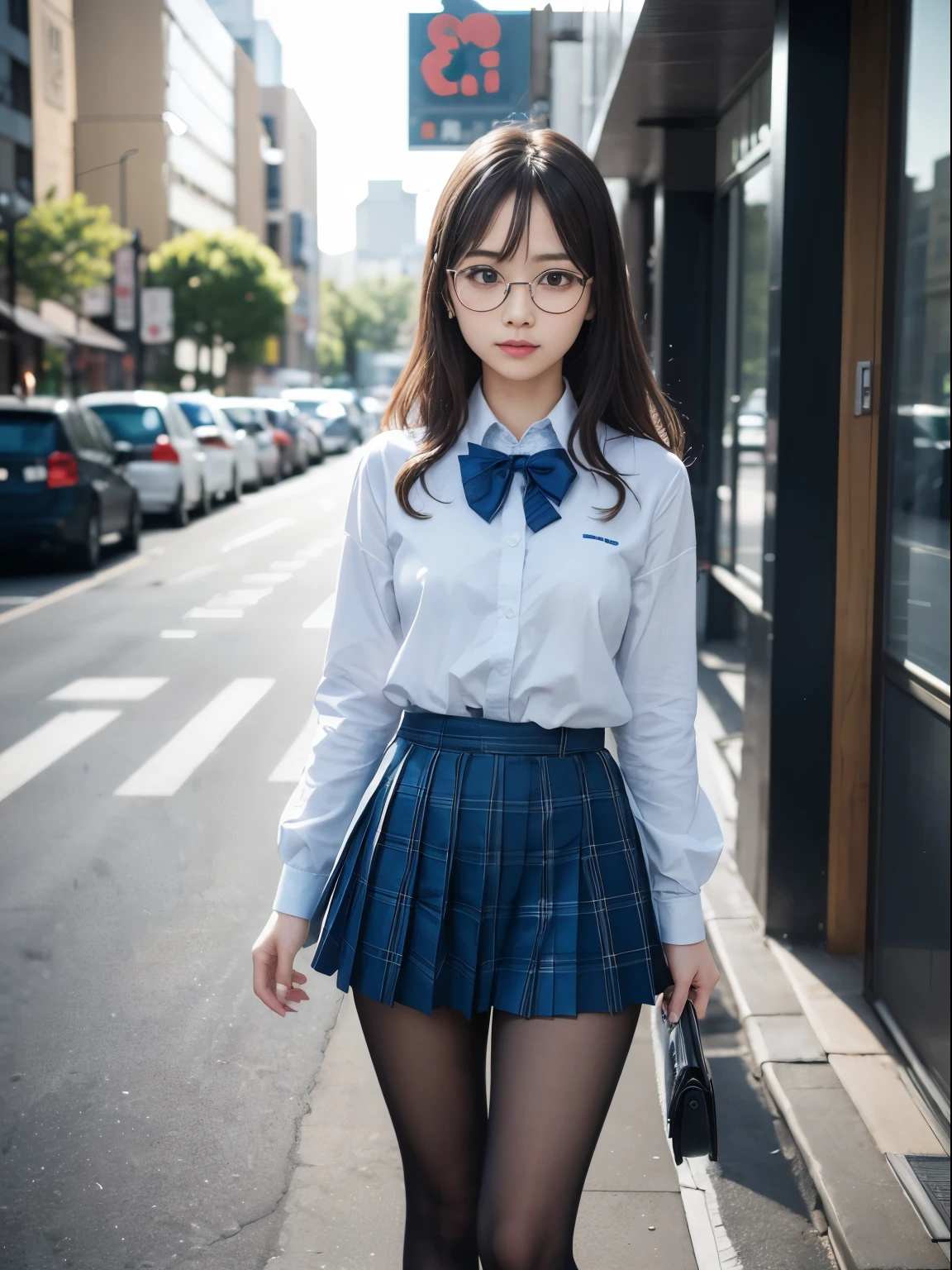 (8K、生photograph、Highest quality、masterpiece:1.2),(Small breasts)、(Small breasts)、(Small breasts)、(Small breasts)、Narrow eyes、Look straight ahead、pupil,De Pere Blanca,(Black Pantyhose),Small face、Chest is petanko,前hairを真ん中から分ける,The forehead is visible,(business,Glare,strong,Are thin,Irritation、strong、Saucy)、masterpiece,Highest quality,Ultra-high resolution,生photograph,even,beautiful、One person,One person,Glasses,,Strong face、丸Glasses、cute、JK、high school girl、Japanese women、Are standing、(PhotoReactive:1.37)、Photon Mapping、Light blue ribbon、Real、cute小さな顔、Brown eyes、Black socks、(Red bow tie)、Radio City、Physically Based Rendering、Prospect、Character boundary depth、Blurred Background、photograph、girl、body、Beautiful feet、Long legs、Thin legs、(前hairが見える)、hair、lips、blue_The目、Soft Nose、(Light blue shirt)、(Navy, blue and white plaid pleated skirt)、High school uniforms、I can see your knees、See-through clothing、Thighs、black cotton socks、Nogizaka Idol、、Japan Ido