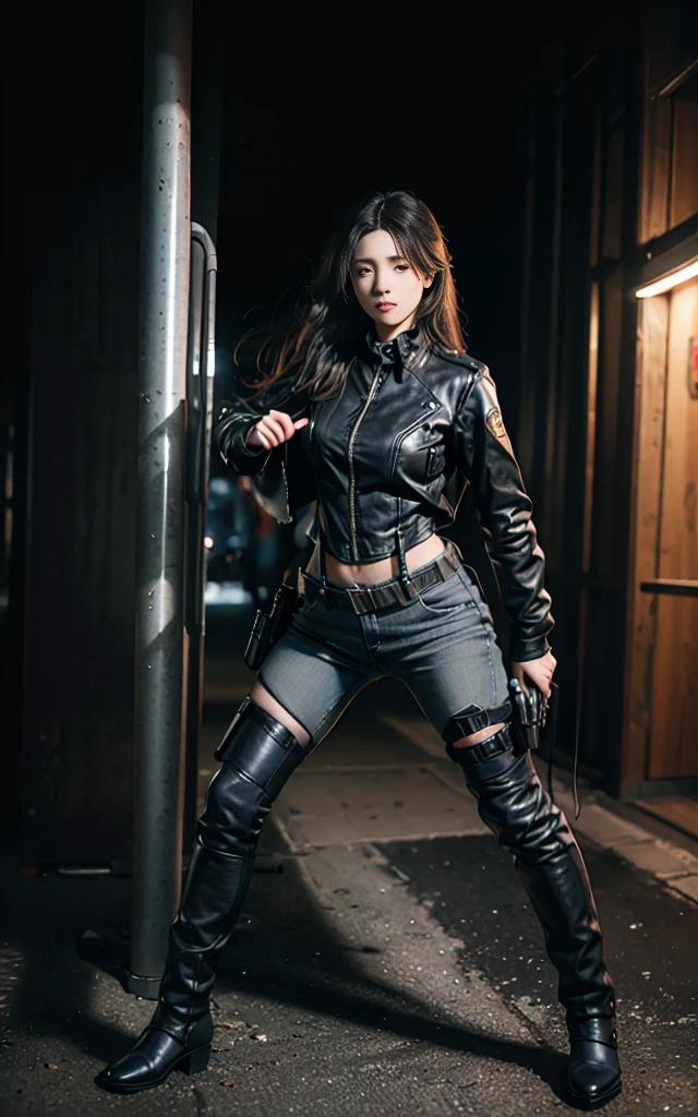 ((Highest image quality, Excellent details, RAW photos、Ultra-high resolution)), (realism: 1.4), Favor the details, Shiny beautiful girl, Beautiful face, ((Cowboy shooting)), (very cool expression、nervous、adrenaline、Super cool woman), (Black leather jacket、full-body shot，blue、Special Forces、, Black and gray mech, Wearing military suspenders, Own a machine gun，Rich in details), (A large number of devices、Magazine、Night Vision Goggles、gun holster、)、((Secret base underground、Fighting Stance、Shootout))