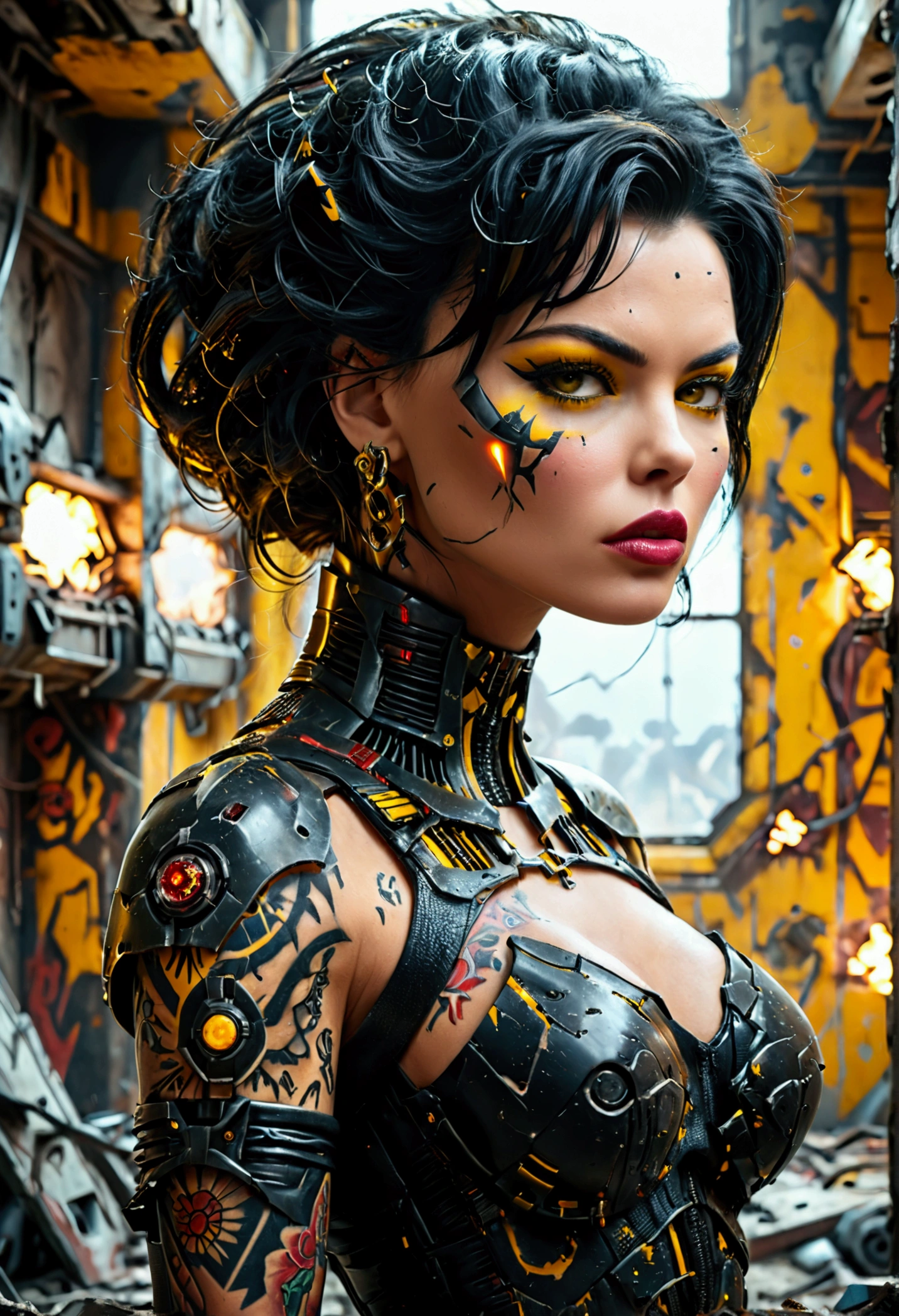 (Jayne Mansfield, age 25, dark sith warrior, evil tattoos, yellow eyes, cybernetics, evil pose), inside a scifi building battle damage on walls, broken robots, show all of her, show her from head to toe, full body portrait, (best quality,4k,8k,highres,masterpiece:1.2),ultra-detailed,(realistic,photorealistic,photo-realistic:1.37),cinematic lighting,dramatic lighting,chiaroscuro,dark moody atmosphere,sinister,menacing,evil,powerful,imposing,dramatic,epic