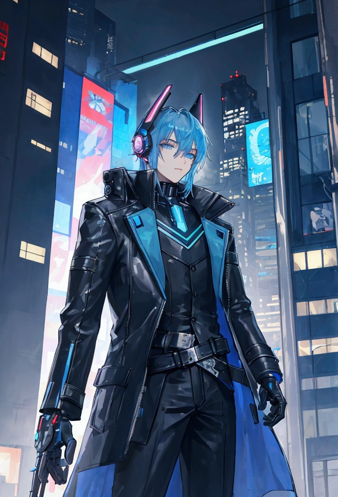 Young Man,From the waist up,cyber punk,City of night,Light blue hair,Futuristic,leather coat,High-tech headgear,cyber punk市民