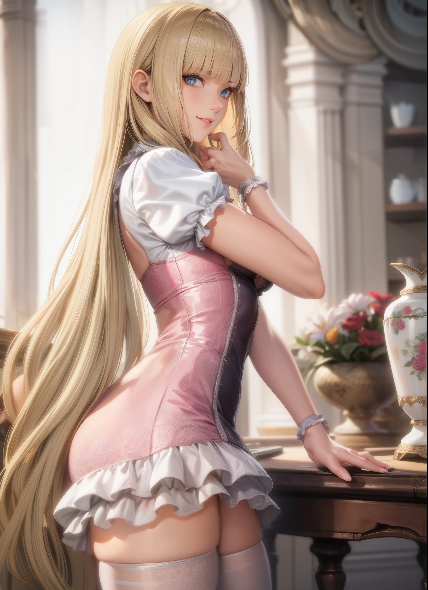 perfect eyes:1.2, detailed eyes:1.4, Emilie T8, blunt bangs, blue eyes, long hair, blonde hair, thighhighs, pink frilled dress, frilled ascot, fingerless gloves, smile, red eyeshadow:1.2, makeup:1.2, cowboy shot, 1girl, solo, (masterpiece:1.6, best quality), 8k, insane details, intricate details, hyperdetailed, hyper quality, high detail, ultra detailed, professional, HDR, ray tracing reflection, cinematic lighting,