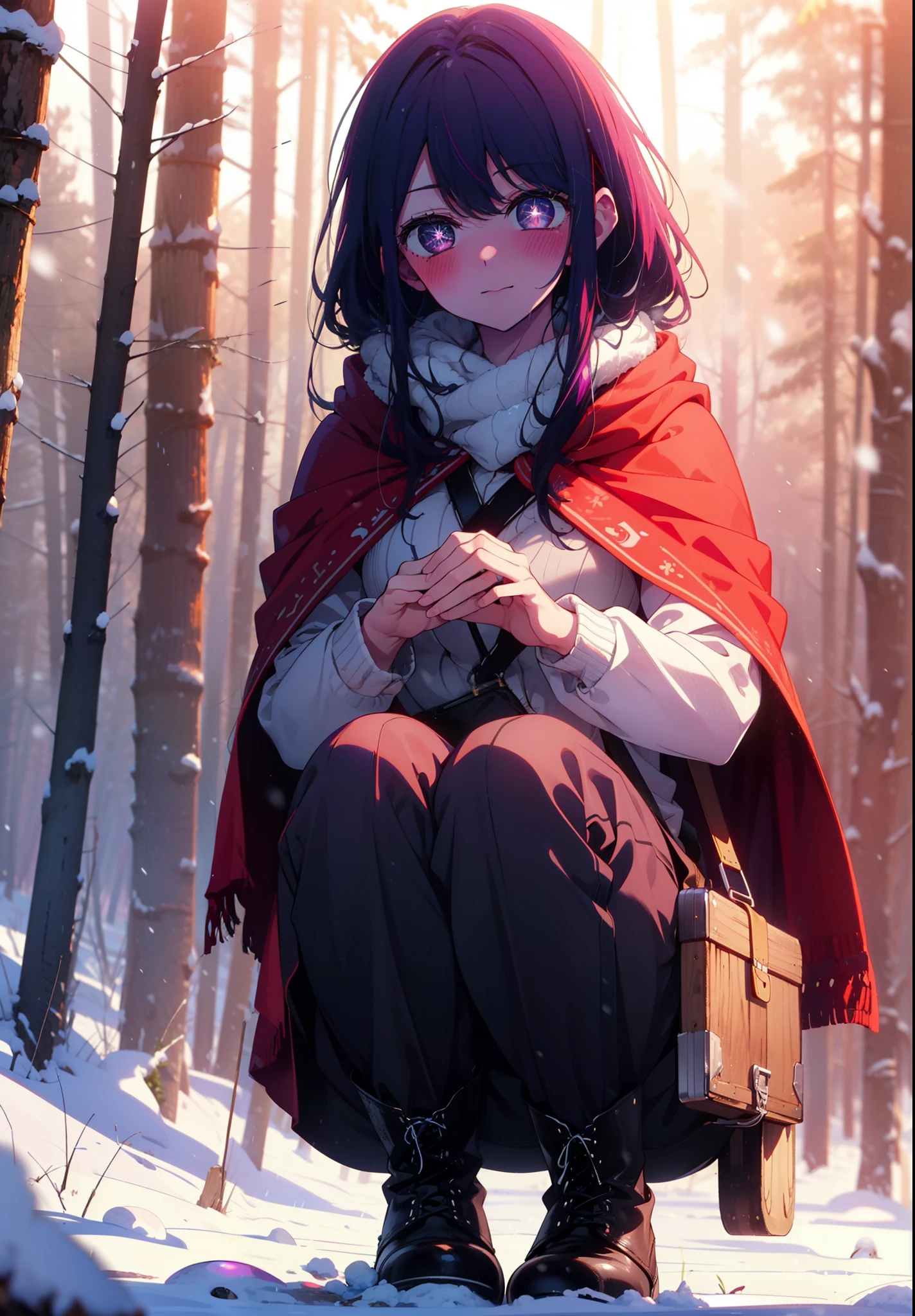 aihoshino, Ai Hoshino, Long Hair, bangs, (Purple eyes:1.1), Purple Hair, (Symbol-shaped pupil:1.5), smile,,smile,blush,White Breath,
Open your mouth,snow,Ground bonfire, Outdoor, boots, snowing, From the side, wood, suitcase, Cape, Blurred, , forest, White handbag, nature, Squat, Mouth closed, Cape, winter, Written boundary depth, Black shoes, red Cape break looking at viewer, Upper Body, whole body, break Outdoor, forest, nature, break (masterpiece:1.2), Highest quality, High resolution, unity 8k wallpaper, (shape:0.8), (Beautiful and beautiful eyes:1.6), Highly detailed face, Perfect lighting, Highly detailed CG, (Perfect hands, Perfect Anatomy),