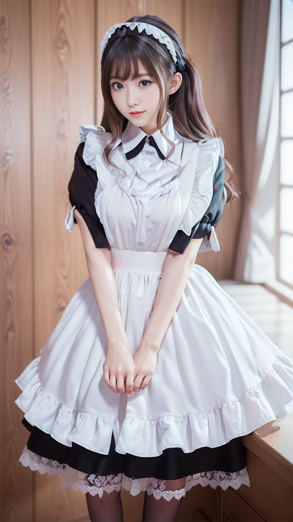 ((Masterpiece，Highest quality，Highest quality，8K，16K，Ultra-high resolution，極めてdetailed，detailed))，(Japanese，Maid，Servant)，Beauty，Slender，sexy，D Cup，Narrow waist，Long, slender legs，Bedroom，Large windows，Curtains fluttering in the wind，