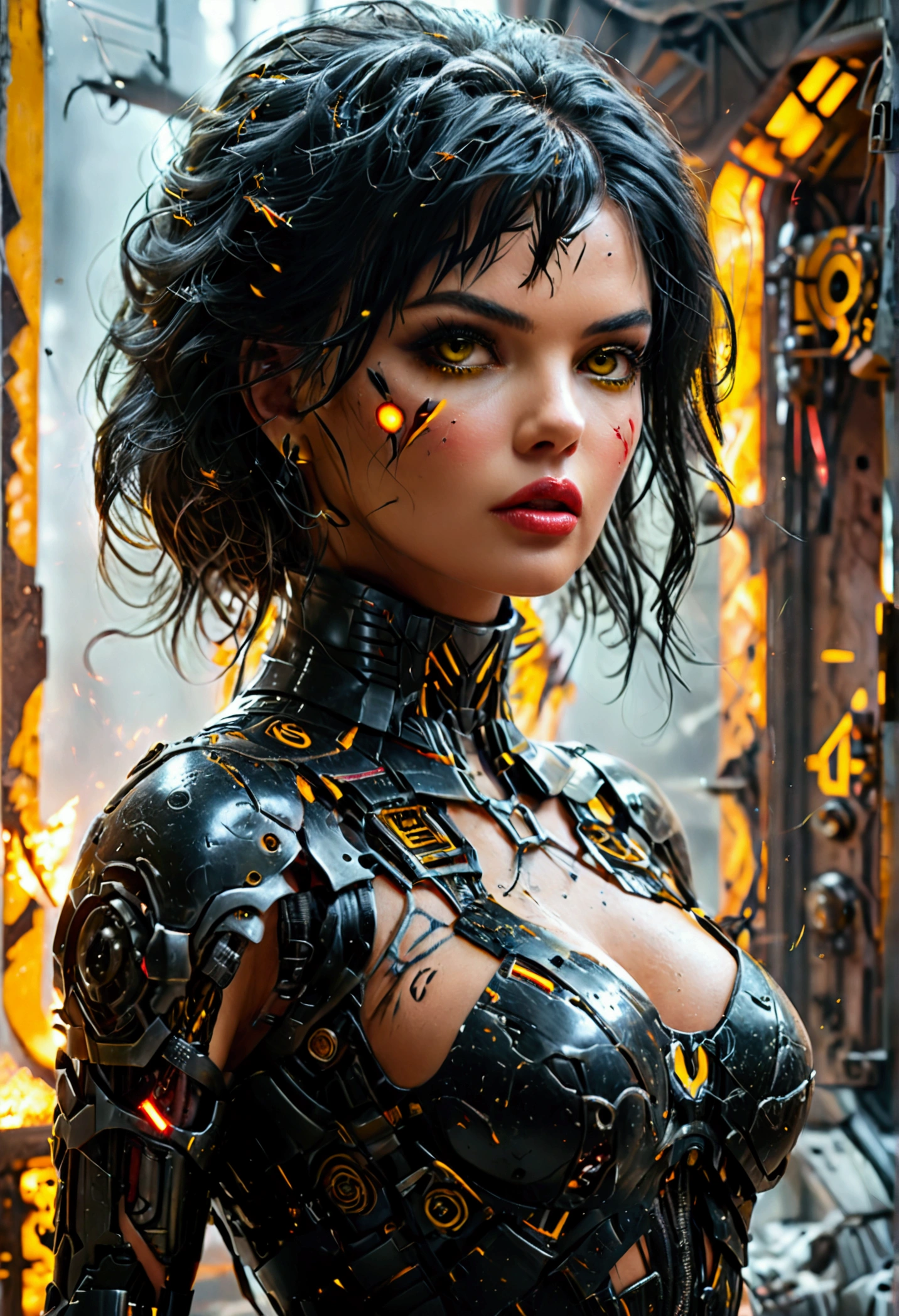 (Jayne Mansfield, age 25, dark sith warrior, evil tattoos, yellow eyes, cybernetics, evil pose), inside a scifi building battle damage on walls, broken robots, show all of her, show her from head to toe, full body portrait, (best quality,4k,8k,highres,masterpiece:1.2),ultra-detailed,(realistic,photorealistic,photo-realistic:1.37),cinematic lighting,dramatic lighting,chiaroscuro,dark moody atmosphere,sinister,menacing,evil,powerful,imposing,dramatic,epic