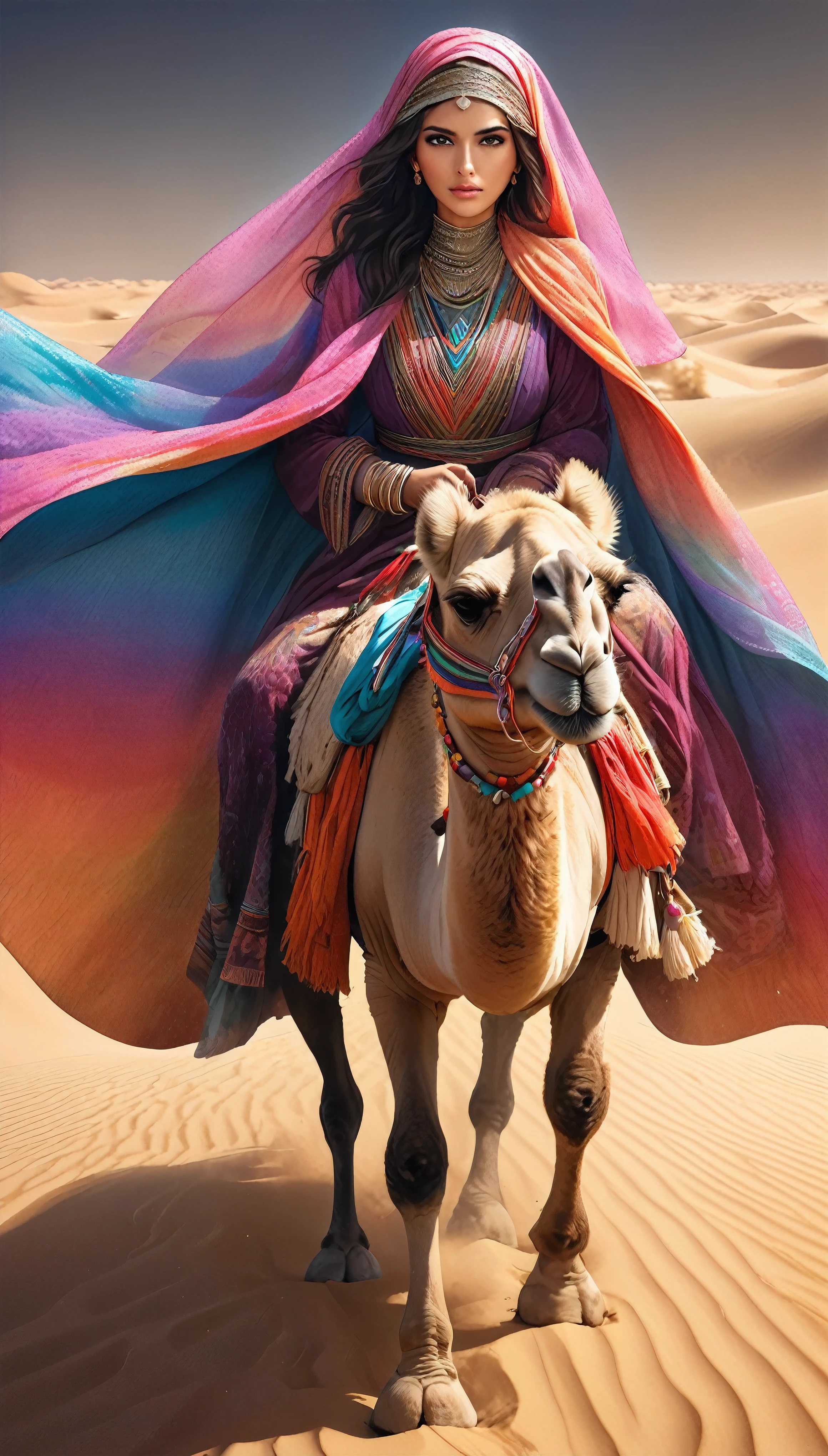The ultimate aesthetic, Desert Princess, Traveling by camel, In search of the desert rose, BREAK Attractive Muslim woman, Only one person, Surviving in the desert, Realistic Babe, Fantasy wearing a rainbow-colored burqa, Clean and elegant atmosphere, BREAK Aesthetic veil that completely covers the face, Clear and pure eyes visible through the net veil, Attractive sexiness without exposure, BREAK The sun shines mercilessly, Dramatic light and shadow, Scorching Mirage, BREAK Expressing a strong woman who lives a strong life in a turbulent atmosphere, BREAK Detailed and clear woman, Realistic and realistic desert texture, Aesthetic depiction of fantastic sand art,