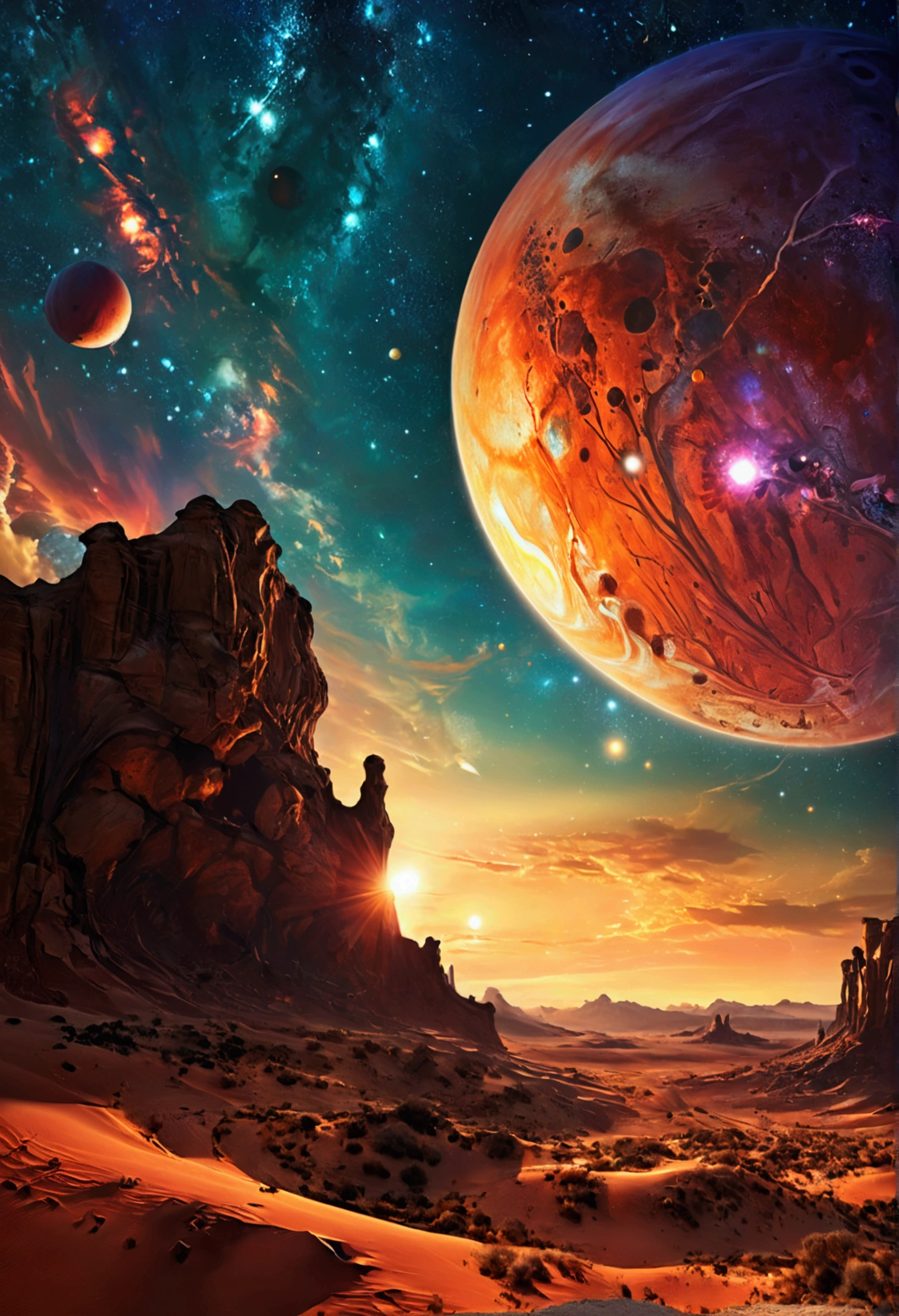 Giant planets, Rich deserts, night, Starry Sky, Surrealism, masterpiece, High resolution, 16K