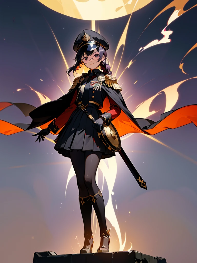 realisitic, City Deserted, Pile of rubble, Brick building, a one woman (18 years old, far away blackw hair, far away slits, Eyes red, glare eyes, 精致的面容, standing (In floor, feet shoulder-width apart), Lolita style military uniform (blackw base, Red Insert, golden decoration, volantes, wide sleeves, dainty and delicate detailing armors), blackw far away gloves (blackw, Red Insert, golden decoration, small hands, armors), blackw far away gloves, knee high boots (blackw, high-heels, red soles), ha (blackw, aba dourada, shield emblem, delicate details), arms in front, Front of belly, Holding military swords with both hands (blackw, golden decoration, delicate detail, Handle at the top, Ground-facing blade, in front of the body, far away), night sky (blackw, stele, Increased flames and smoke) Pale painting style, One Girl, super high quality, Super Detail, Super Detailed image, long hair, looking at viewer, skirt, shirt, hair ornament, violet eyes, gloves, round glasses, long sleeves, hat, closed mouth, jacket, violet hair, braid, open clothes, necktie, black gloves, black skirt, uniform, single braid, open jacket, black jacket, black headwear, 手链, peaked cap, black necktie, cropped jacket, military hat, pantyhose, Flat Chest, smile, Black Cape