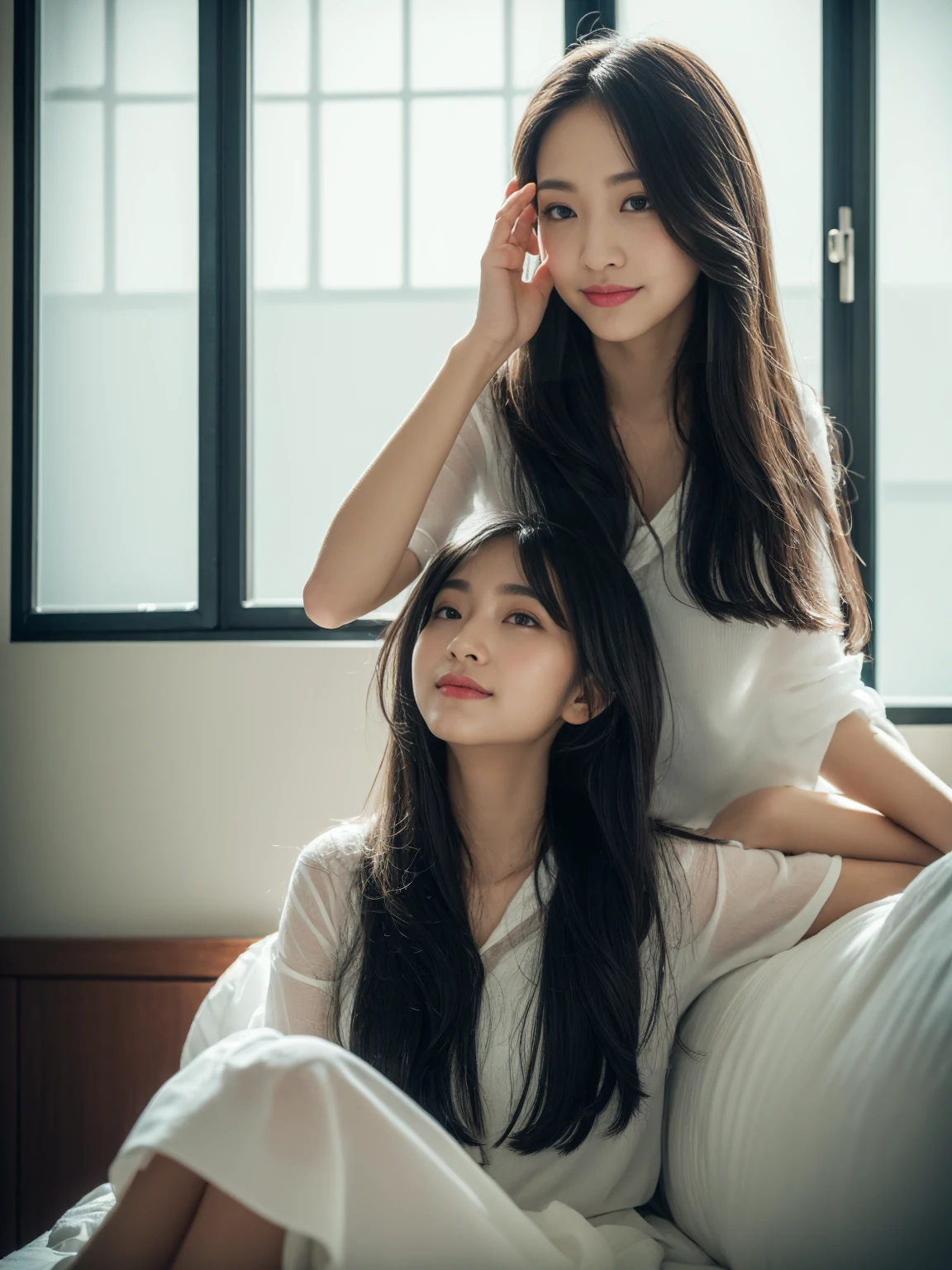 ((top-quality, 8K, masterpiece:1.3)), beautiful Girl, pure, Melon face, gentle and cute, A sweet smile, pure lust, slender figure, (The upper part of the body), (frontage), (tilted head), Look directly at the camera, Uniforms, white shirt, blue skirt, obi, Formal, Black silky long straight hair, long hair flowing over the shoulders, the gesture of combing one's hair, round black big eyes, clear big eyes, Wet red lips, Dolce, sitting on the edge of a bed, Window sill background,