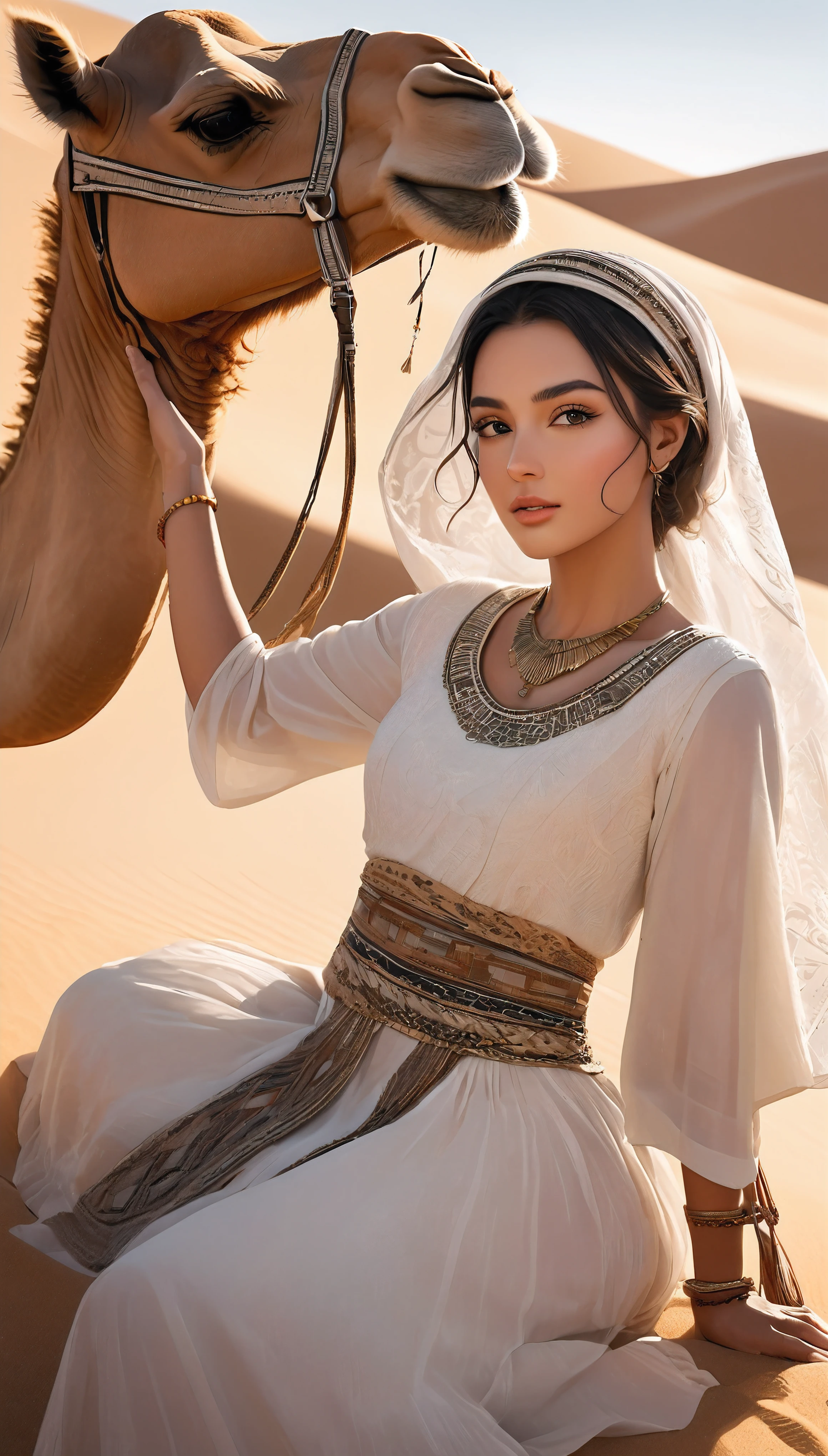 The ultimate aesthetic, Desert Princess, Traveling by camel, In search of the desert rose, BREAK Attractive Muslim woman, Only one person, Surviving in the desert, Realistic Babe, Fantasy wearing a rainbow-colored burqa, Clean and elegant atmosphere, BREAK Aesthetic veil that completely covers the face, Clear and pure eyes visible through the net veil, Attractive sexiness without exposure, BREAK The sun shines mercilessly, Dramatic light and shadow, Scorching Mirage, BREAK Expressing a strong woman who lives a strong life in a turbulent atmosphere, BREAK Detailed and clear woman, Realistic and realistic desert texture, Aesthetic depiction of fantastic sand art, 