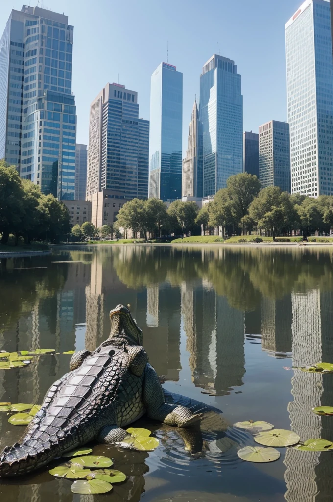 Raise an alligator wearing warm clothing in a pond with buildings in the background