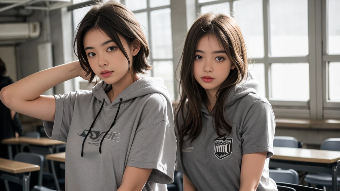 deux femmes ensemble de 18 ans sexy et mince , gray short sleeve hoodie , salle de classe, se touche,position sey,sensuel