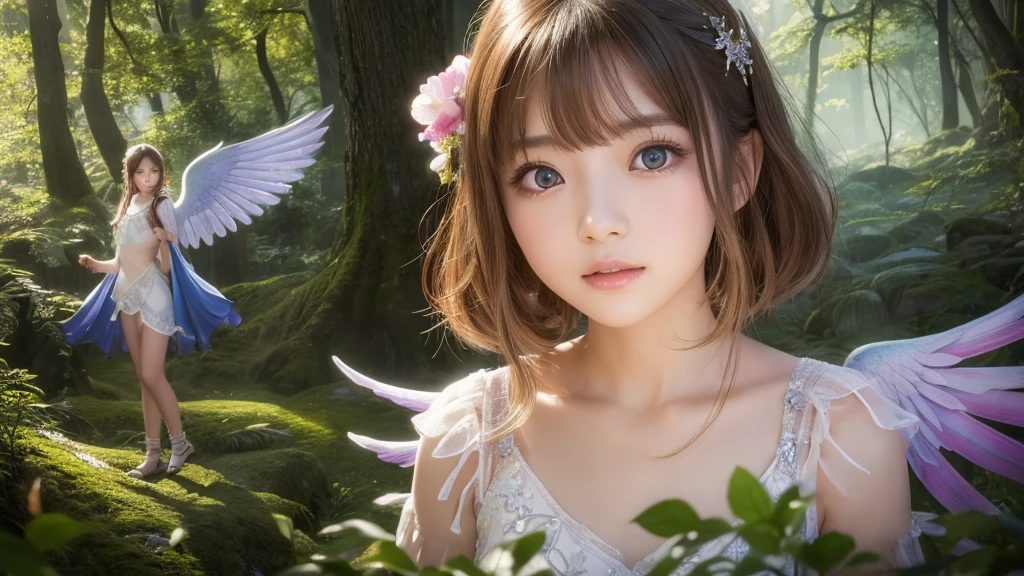 1920×1080、Photogenic reality、heaven、Fantasy、Powerful Magic、In the fantasy forest、Wrapped in dazzling light、眩Shiiほどの黄金色の光が降り注ぐ、god々Shii、Fantasy、Spreading its large wings、cute、Beauty、Adult female、Big Eyes、一人の美Shii天使の全身の画像を作ってください