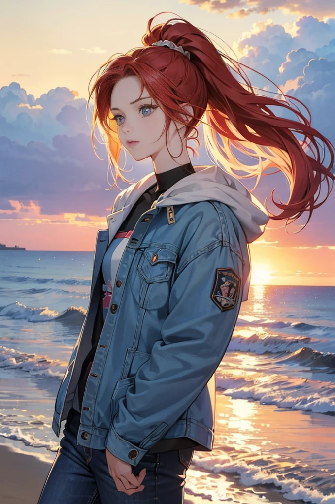 very colorful, pop feel, in.s. west coast, summer image, Palm tree, seaside, anime woman with orange ponytail, Around 25 years old, wearing a jacket, blue jeans, perfect tall model body, cool beauty, it will happen, Anime drawing by Yang J, Trending at Art station, realism, extremely detailed The germ of art, Realistic anime 3D style, anime style 4 k, モデルまin | The germ of art, anime style. 8K, casual clothes, realistic anime art style, style The germ of art, Tsundere girls, sunset beach, sad expression, The end of a summer love, An eternal summer that never fades, sharp outline, highest quality, perfect angle, perfect composition, best shot, official art,CD jacket, 80s city pop, very stylish, Anime girl with red hair and blue jeans standing on the beach, an anime drawing inspired by Ross Tran, pixiv, fantasy art, anime style 4k, realistic anime art style, highly detailed art germ, attractive anime girl, beautiful anime girl, 4k anime wallpaper, anime art wallpaper 4k, anime art wallpaper 4k, anime wallpaper 4k
