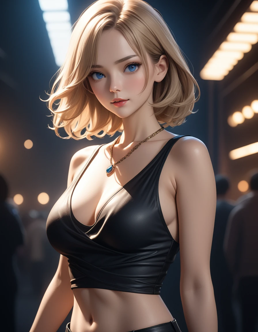 (best quality, masterpiece), 1girl, 25 years old english girl, blonde hair, cleavage, tattoos, dark blue eyes, intricate details, off shoulder, skintight latex halter top, short skirt, pleated skirt, toned midriff, disco_outfit, hooker, choker, looking at viewer, seductive smile, inviting smile, party_girl, upper body, detailed nightclub background, discotheque, foreground, contrapposto