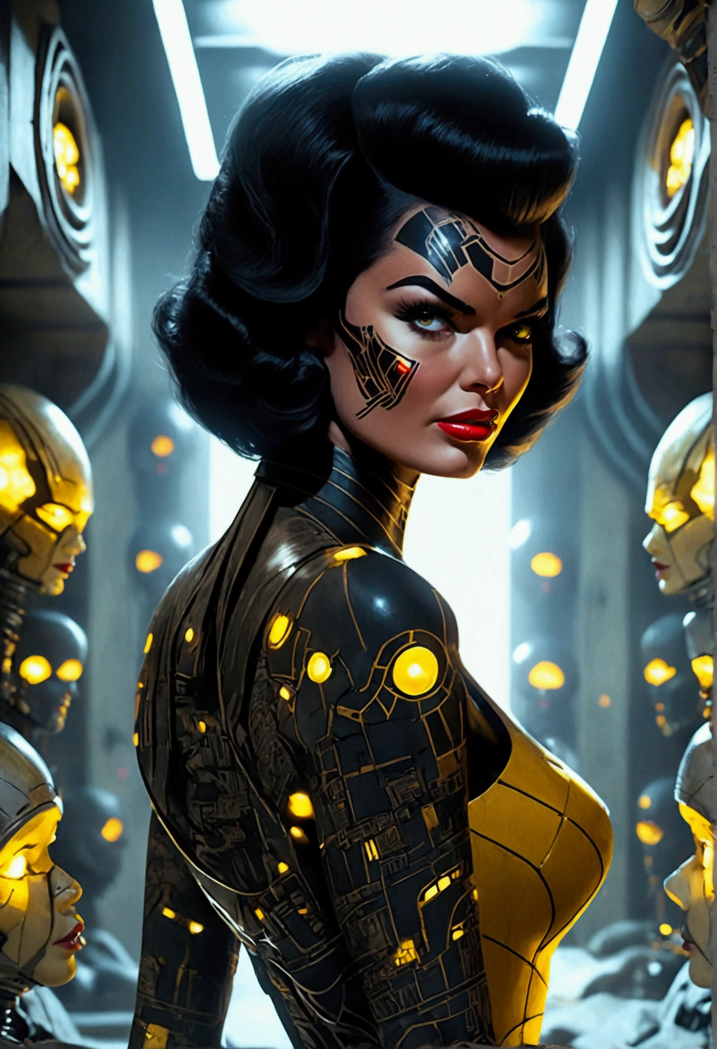 (Jayne Mansfield, age 25, dark sith warrior, evil tattoos, yellow eyes, cybernetics, evil pose), inside a scifi building battle damage on walls, broken robots, show all of her, show her from head to toe, full body portrait, (best quality,4k,8k,highres,masterpiece:1.2),ultra-detailed,(realistic,photorealistic,photo-realistic:1.37),cinematic lighting,dramatic lighting,chiaroscuro,dark moody atmosphere,sinister,menacing,evil,powerful,imposing,dramatic,epic
