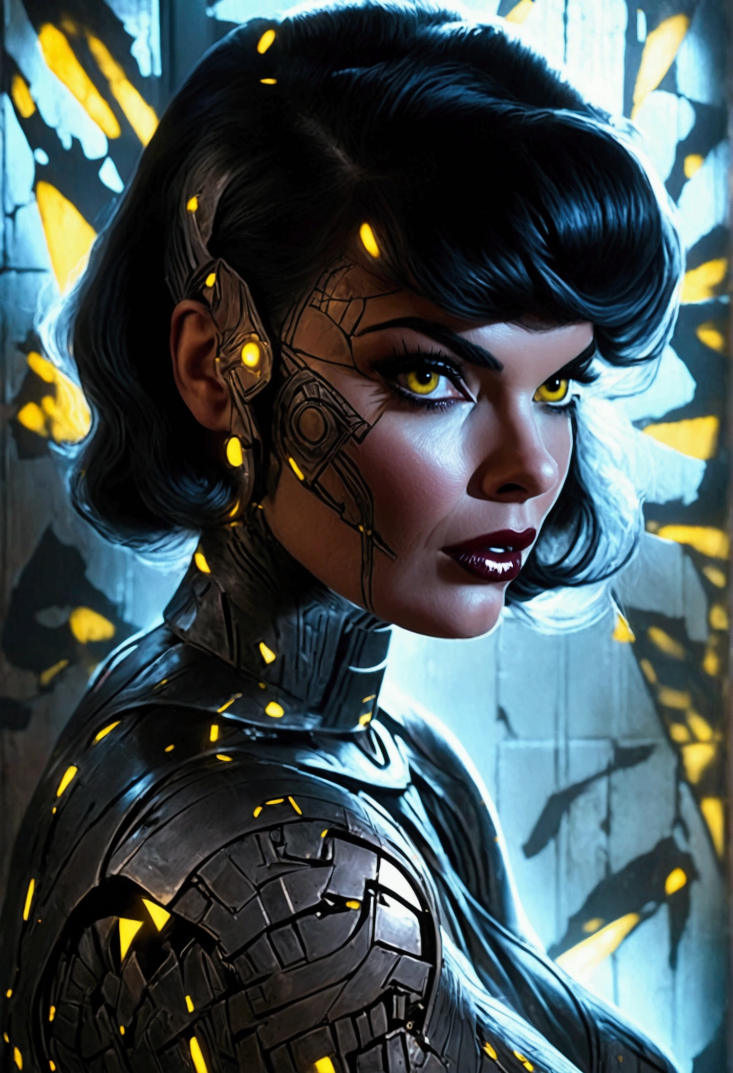 (Jayne Mansfield, age 25, dark sith warrior, evil tattoos, yellow eyes, cybernetics, evil pose), inside a scifi building battle damage on walls, broken robots, show all of her, show her from head to toe, full body portrait, (best quality,4k,8k,highres,masterpiece:1.2),ultra-detailed,(realistic,photorealistic,photo-realistic:1.37),cinematic lighting,dramatic lighting,chiaroscuro,dark moody atmosphere,sinister,menacing,evil,powerful,imposing,dramatic,epic