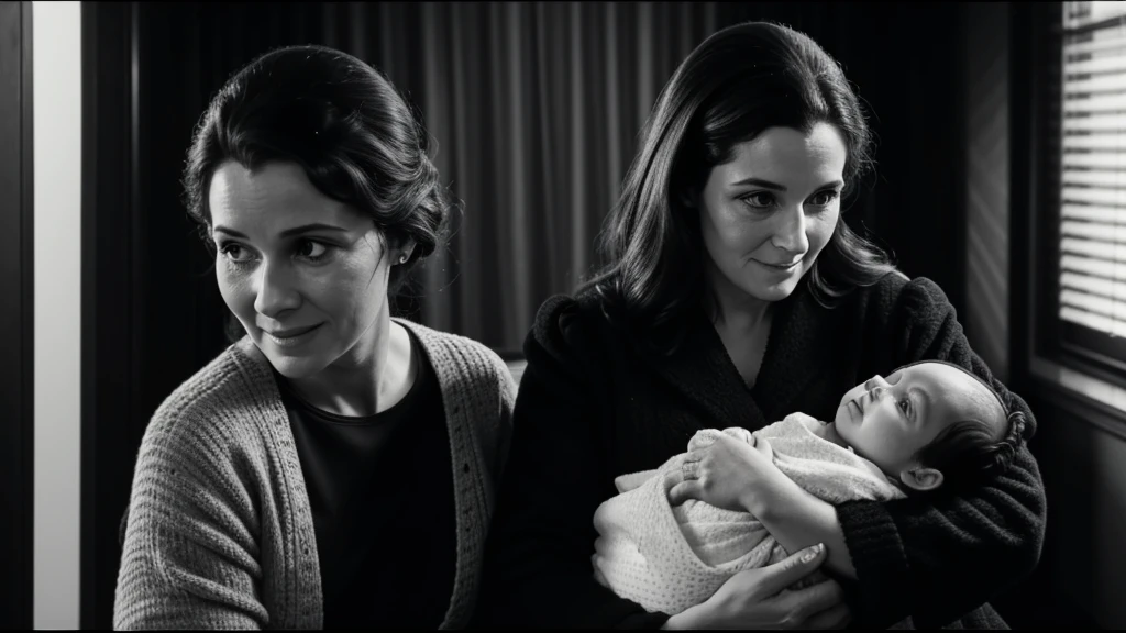 Trailer for an old live action film, styled like a movie shot on 35mm film, black and white film, a is born and the mother is holding the baby and talking to it in a cuddly way