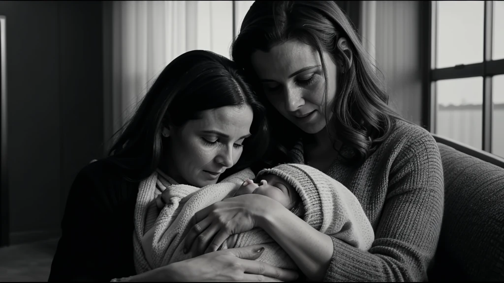 Trailer for an old live action film, styled like a movie shot on 35mm film, black and white film, a is born and the mother is holding the baby and talking to it in a cuddly way