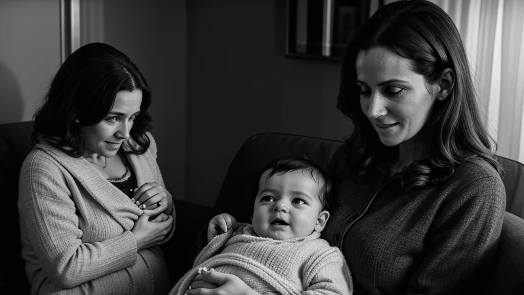 Trailer for an old live action film, styled like a movie shot on 35mm film, black and white film, a is born and the mother is holding the baby and talking to it in a cuddly way