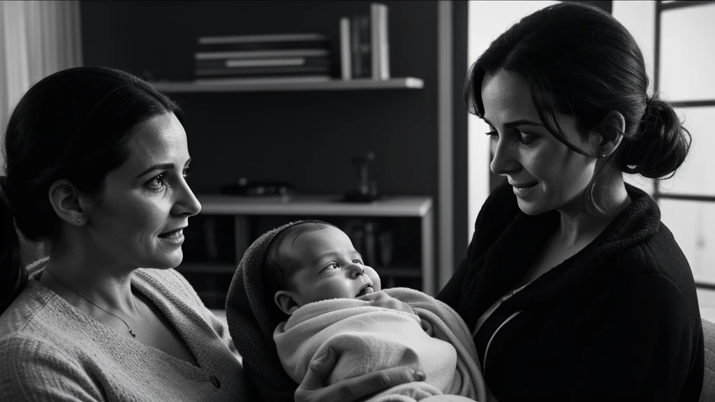 Trailer for an old live action film, styled like a movie shot on 35mm film, black and white film, a is born and the mother is holding the baby and talking to it in a cuddly way