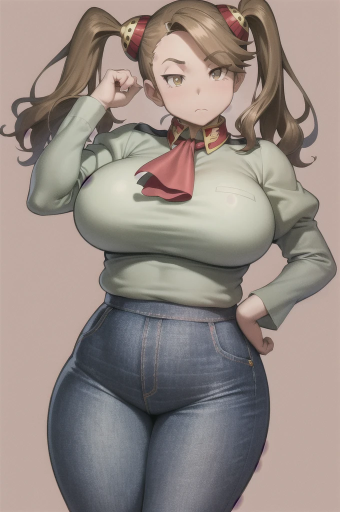 masterpiece, tight denim pants, chubby but small breasts, thick legs, best quality, 1girl, kaoruko, brown hair, brown eyes, twintails, hair ornament, large breasts, red ascot, looking at viewer, sketch, solo, simple background 