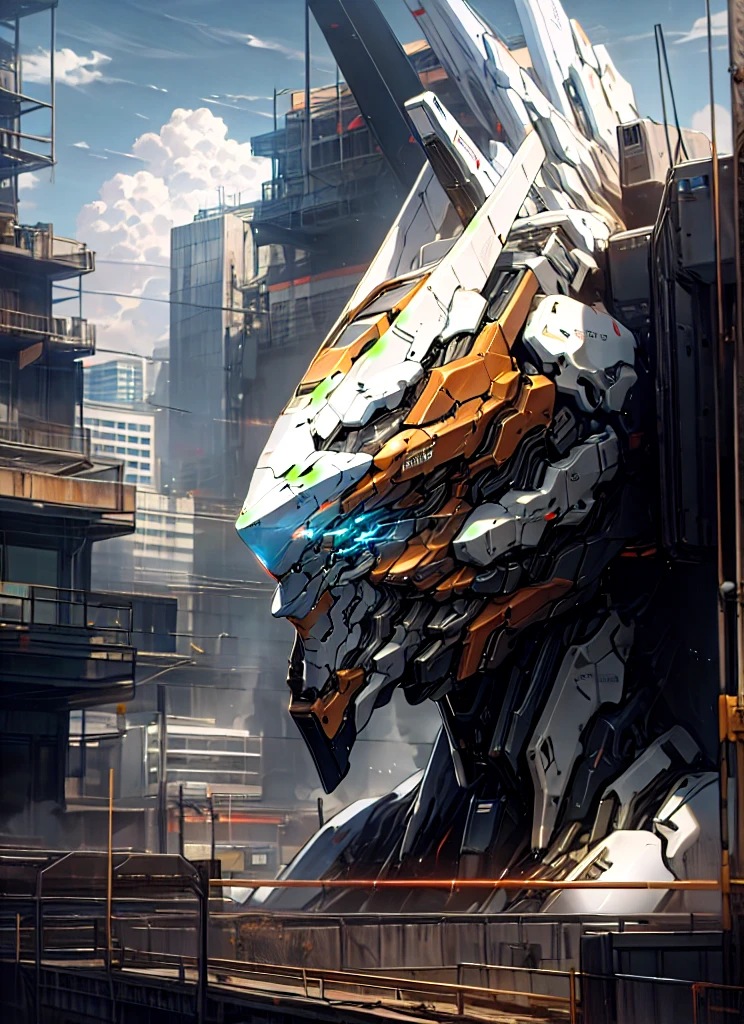 sky, cloud, holding_weapon, no_humans, glowing, , robot, building, glowing_eyes, mecha, science_fiction, city, realistic,mecha