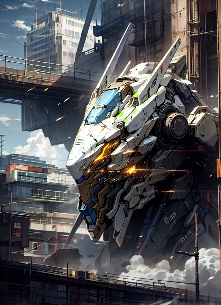 sky, cloud, holding_weapon, no_humans, glowing, , robot, building, glowing_eyes, mecha, science_fiction, city, realistic,mecha